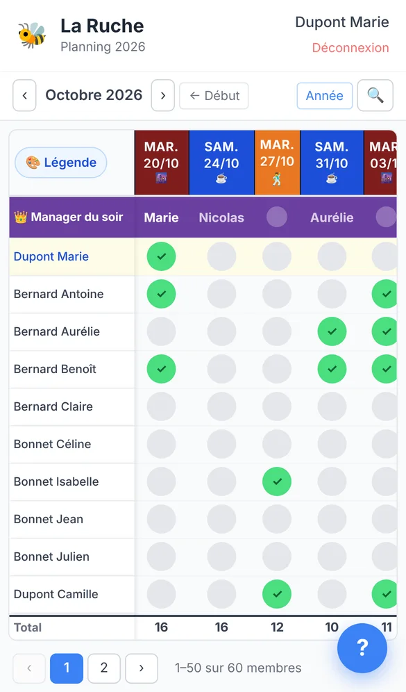 Planning d'un membre sur téléphone, sa ligne surlignée en jaune.