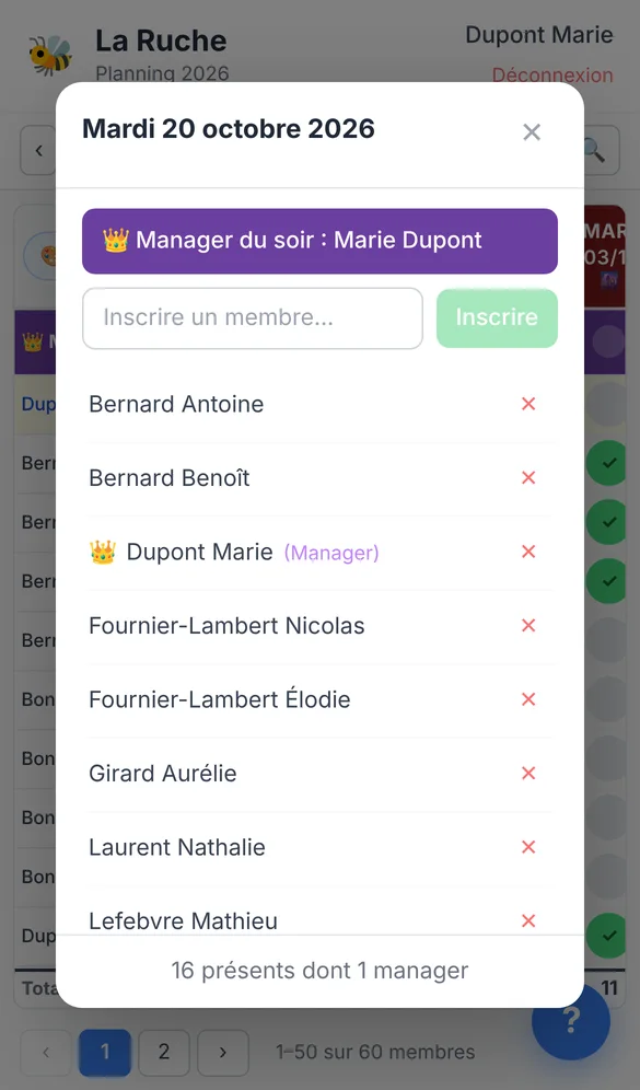 Fenêtre d'une date : manager du soir, champ pour inscrire un membre et liste des présents.